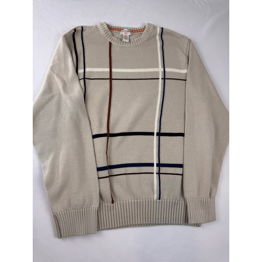 Dockers Mens XL Crewneck Sweater Beige Cotton Grid Stripe Long Sleeve Knit 0388‎